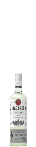 A bottle of Bacardi Superior white rum with a white label, black and red text, and the Bacardi bat logo on the neck and front.