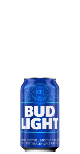 A blue can of Bud Light beer with bold white lettering displaying the brand name on the front. The can features decorative graphics and text in silver and blue tones.