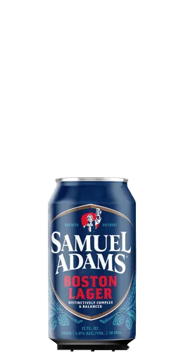 A blue 12 fl. oz. can of Samuel Adams Boston Lager featuring the brand logo, an illustration of Samuel Adams, and text highlighting it as a distinctively complex and balanced beer.