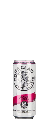 A can of White Claw Hard Seltzer in the Black Cherry flavor, featuring a silver background, black text, and a pink accent near the bottom. The can displays the wave logo and product details.