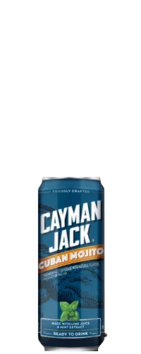 A blue can of Cayman Jack Cuban Mojito, featuring a mint leaf graphic and labeled as ready to drink with lime juice and natural mint flavor.