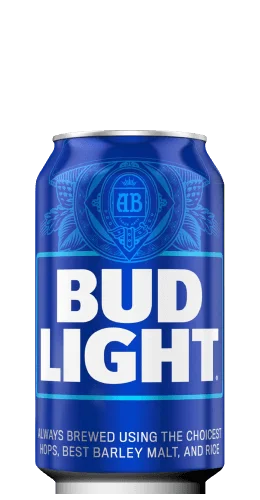 A blue can of Bud Light beer, featuring the brand’s logo and text in white, along with decorative graphics near the top of the can.