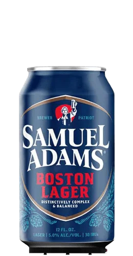A blue can of Samuel Adams Boston Lager featuring the brands logo, a portrait of a man holding a beer, and text describing it as a distinctively complex and balanced lager with 5.0% alcohol by volume.