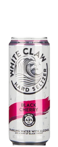 A can of White Claw Hard Seltzer in Black Cherry flavor, showing a black wave logo and 4.5% alcohol by volume. The can has a white background with pink and black accents.