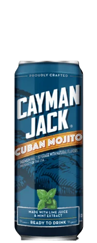 A tall blue can of Cayman Jack Cuban Mojito, featuring bold white and orange text. The can highlights lime juice and mint extract ingredients, and displays a mint leaf at the bottom.
