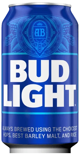 A blue Bud Light beer can with the brand name in bold white letters, a decorative crest above, and a slogan at the bottom stating, Always brewed using the choicest hops, best barley malt, and rice.