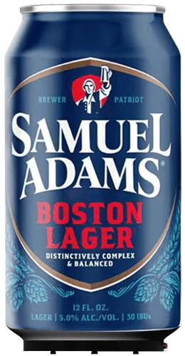 A blue can of Samuel Adams Boston Lager featuring the brewery’s logo, a depiction of Samuel Adams raising a mug, and white and red text describing it as a “distinctively complex & balanced” lager.