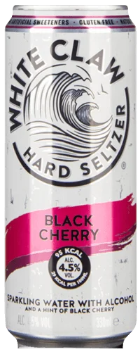 A can of White Claw Hard Seltzer, Black Cherry flavor. The can is white with a large wave logo, pink accents, and text highlighting its 4.5% alcohol content, 95 calories, and gluten-free claim.