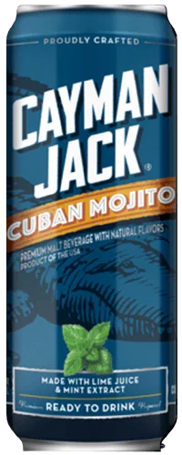 A blue can of Cayman Jack Cuban Mojito, labeled as a premium malt beverage with natural flavors, lime juice, and mint extract. The can features a mint leaf graphic and text stating it is ready to drink.