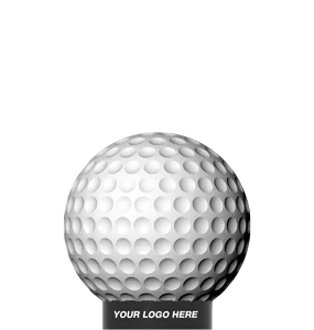 A white golf ball with textured dimples sits above a black base labeled YOUR LOGO HERE on a plain background.
