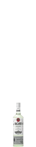 A bottle of Bacardi Superior white rum with a white label and cap, featuring the Bacardi bat logo and branding, standing upright on a white surface against a black background.