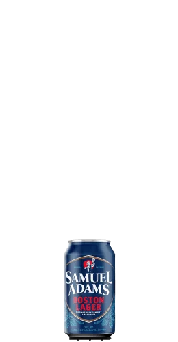 A blue can of Samuel Adams Boston Lager featuring the brand logo, a red banner, and text describing the beer. The can is standing upright on a white background.