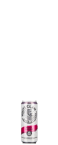 A can of White Claw Hard Seltzer in Black Cherry flavor, featuring a white can with black text and a pink accent at the bottom.