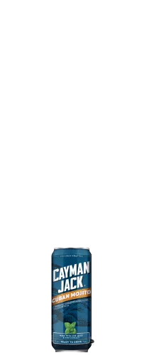 A blue can of Cayman Jack Cuban Mojito alcoholic beverage, with a mint leaf graphic and white text on the front, standing upright against a white background.