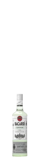 A bottle of Bacardi Superior white rum with a white label, red Bacardi bat logo, and black text, shown on a plain white background.