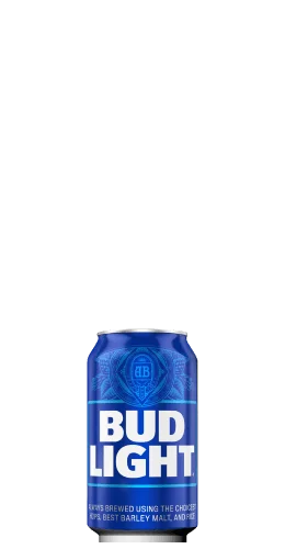 A blue can of Bud Light beer, featuring white bold text with the brand name and additional details in smaller text at the bottom.