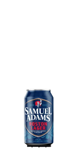 A blue can of Samuel Adams Boston Lager beer with white and red text and the Samuel Adams logo on the front, set against a plain background.