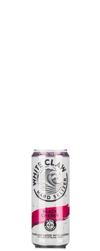 A can of White Claw Hard Seltzer in Black Cherry flavor, featuring a white background with black and pink accents, and the brand’s wave logo on the front.