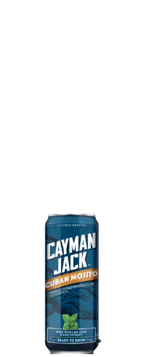 A tall blue can of Cayman Jack Cuban Mojito, featuring bold white text and images of mint leaves and limes on the front, labeled hand-crafted and ready to drink.