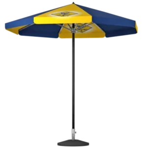 A large outdoor patio umbrella with alternating blue and yellow panels, featuring a logo with a bird and text in the center. The umbrella is open and has a black pole and base.