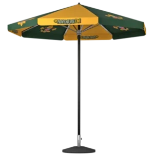 A large outdoor umbrella with a yellow and green canopy, featuring the words #ADVENTUREON! and FRUIT WAVE printed on the panels. The umbrella is supported by a black pole and sturdy base.