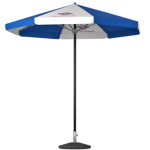 A blue and white outdoor patio umbrella with a black pole and a round black base, featuring a logo on the white panels.
