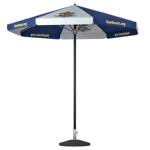 A large outdoor umbrella with alternating white and navy blue panels displaying SeaScout.org and a nautical emblem, mounted on a tall black stand with a square base.