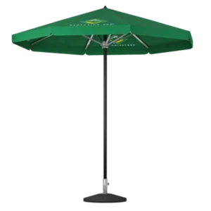 A large green outdoor patio umbrella with a black pole and base, viewed from the front, fully opened. The fabric has a small logo and text printed on it near the top.