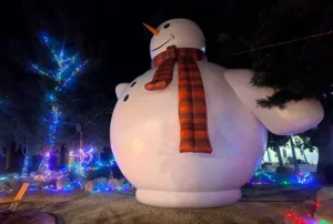 A large inflatable snowman with a red plaid scarf and orange carrot nose stands outdoors at night, surrounded by trees decorated with colorful holiday lights.