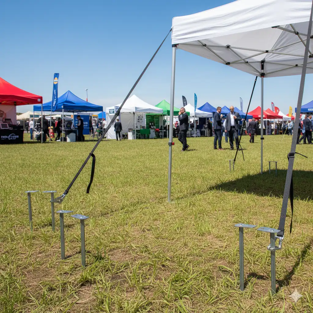 A grassy outdoor event with various colorful canopy tents and people walking around. The foreground shows the frame and anchors of a white tent under a clear blue sky.
