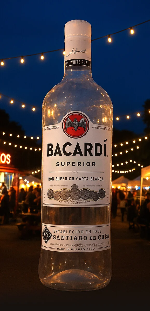 A large Bacardi Superior rum bottle is prominently displayed in front of an outdoor evening scene with string lights and blurred people in the background.