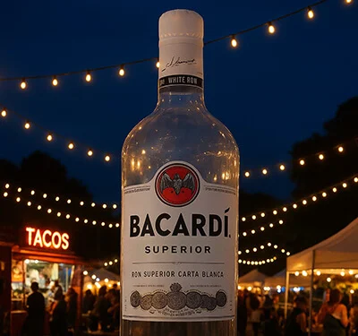 A bottle of Bacardí Superior rum is in focus with string lights, food stalls, and a sign that reads TACOS in the background at an outdoor night market.