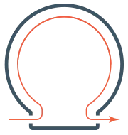 A stylized omega symbol with a red line forming a loop around the inside, ending with an arrow pointing right at the base.