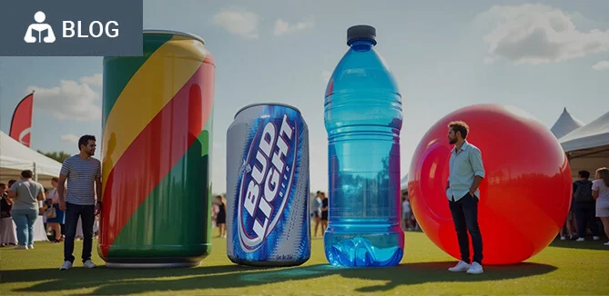 Two people stand outdoors near oversized beverage cans, a giant water bottle, and a large red ball at a festival or event. Tents and blue sky are in the background.