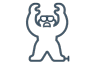 Simple black outline drawing of a monster with raised arms, glasses, and bared teeth, standing with legs apart on a plain, light background.