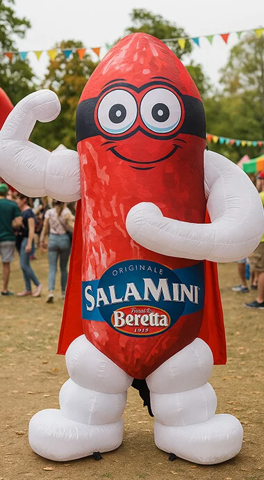 A person in a red sausage-shaped Salamini mascot costume with big eyes and a cape poses outdoors at a festival, surrounded by people and colorful bunting.