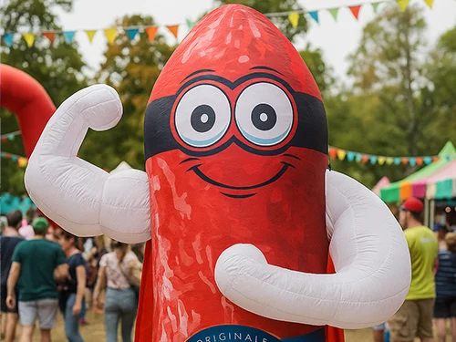 A large, red inflatable mascot with big eyes, a black mask, and white, flexed arms stands at an outdoor event with people and colorful bunting in the background.