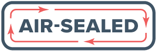 A rectangular label with the words AIR-SEALED in bold, dark blue letters, surrounded by a border with red arrows forming a continuous loop around the text.