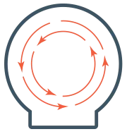 A gray outline of a human head with two overlapping circular arrows inside, one in red and one in gray, representing continuous movement or process within the mind.