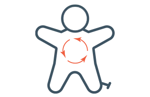 A pixelated image of a red circle with a small extension on its right, centered on an irregular dark blue background.