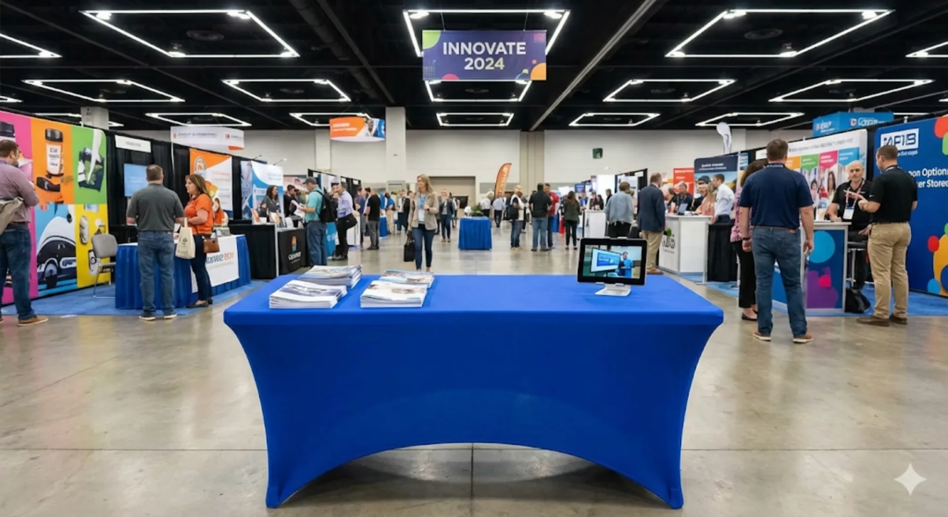 A conference expo hall with booths lining both sides, people walking and interacting, and a central table covered in a blue cloth. A banner above reads “INNOVATE 2024.”.