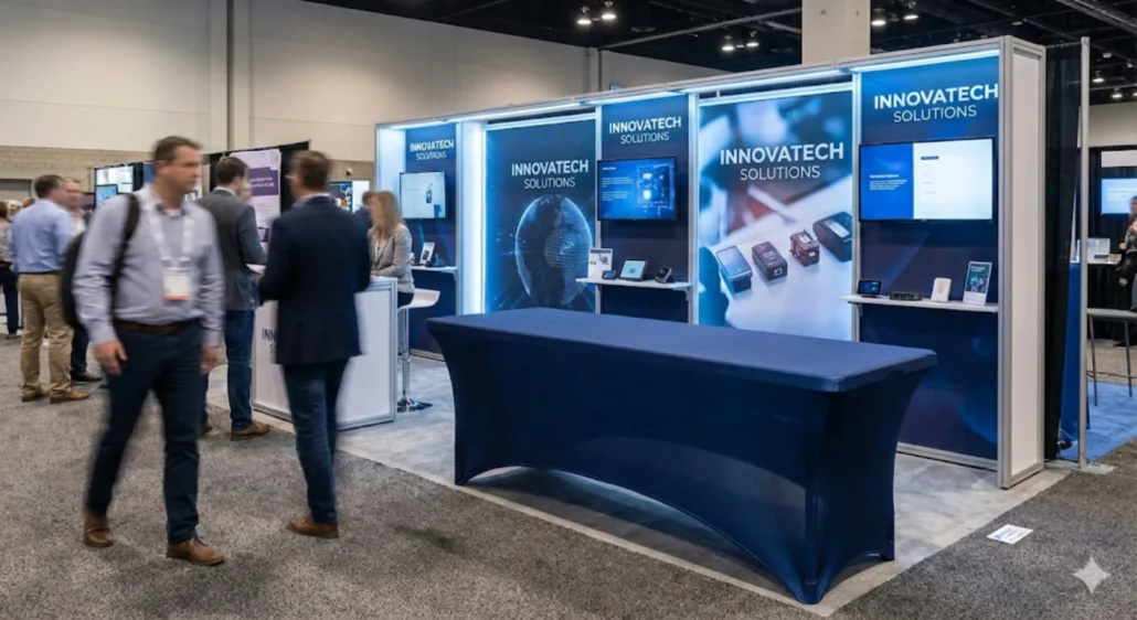 A trade show booth for Innovatech Solutions, featuring banners, displays, and an empty table with a blue cloth. Several people are standing and conversing in the exhibition hall.