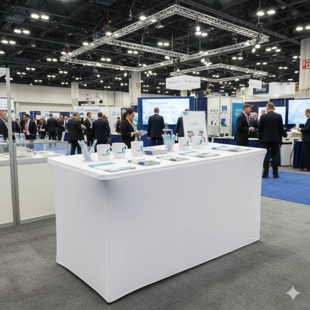 A booth with a white tablecloth, marketing materials, and pens at a busy trade show or corporate convention, with attendees networking in the background.
