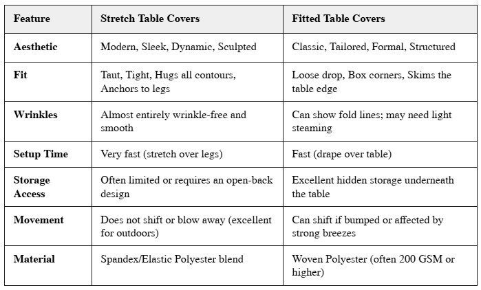 A comparison chart of stretch and fitted table covers, showing differences in aesthetic, fit, wrinkles, setup time, storage access, and material features for each type.