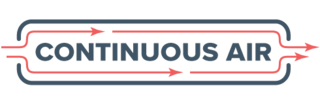 Logo with the words CONTINUOUS AIR in bold gray letters, surrounded by a rectangular outline with red arrows indicating airflow moving continuously around the text.