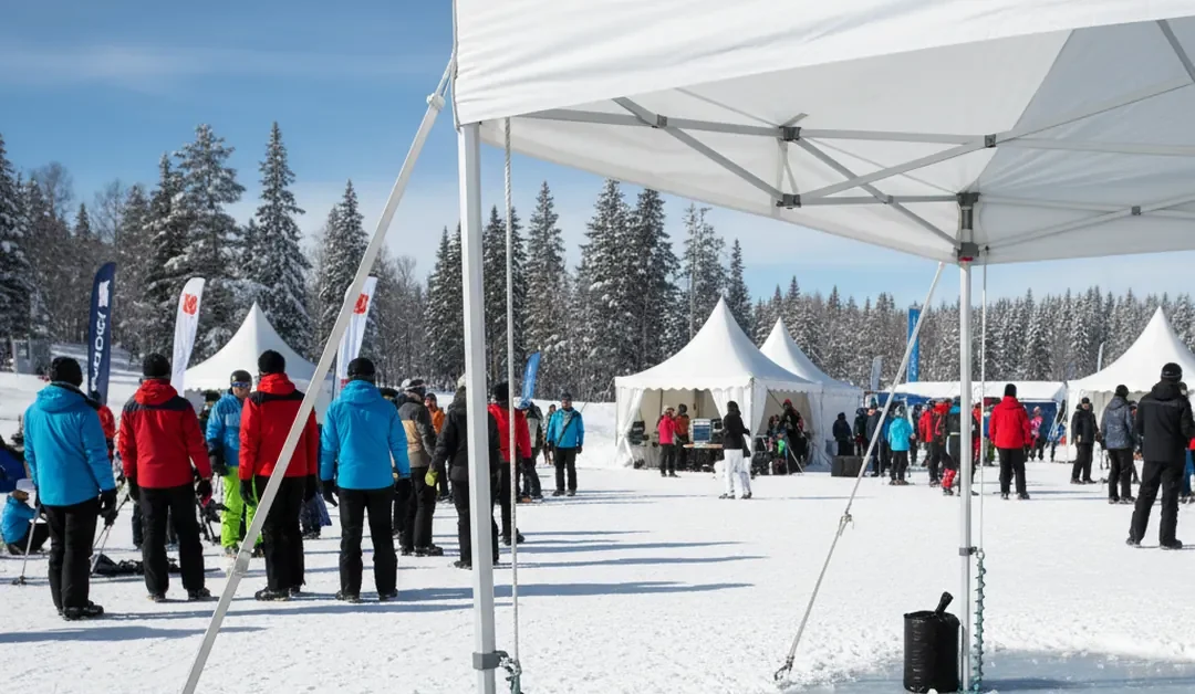 People in winter clothing gather outdoors on snow near multiple white tents. Some stand under a canopy next to a patch of ice. Snow-covered trees are visible in the background under a clear, sunny sky.