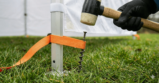 A gloved hand uses a mallet to drive a spiral ground stake into grass, securing an orange strap attached to the leg of a white outdoor tent.