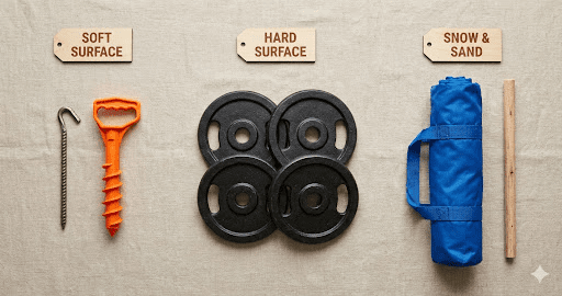 Three labeled sections display camping anchor tools: a metal stake and orange screw for soft surface, weight plates for hard surface, and a rolled-up mat with a wooden pole for snow & sand, all on a beige background.