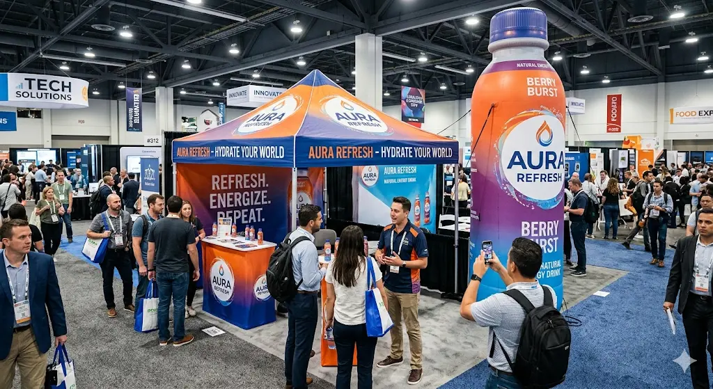 A busy convention floor features an Aura Refresh booth with banners, a branded canopy, and a giant inflatable bottle replica display. People are interacting, sampling drinks, and carrying event tote bags. Other booths are visible in the background.