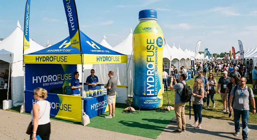 People walk past a HYDROFUSE booth at an outdoor event with white tents. The booth features banners, staff, and a large inflatable HYDROFUSE bottle replica. The scene is busy and sunny, with many attendees.